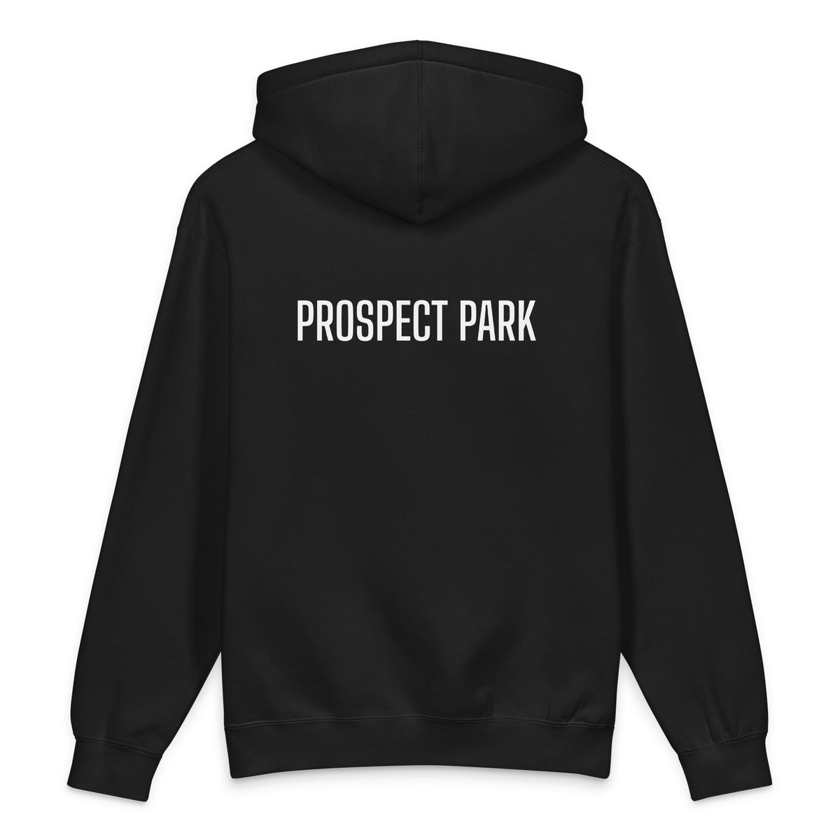 PROSPECT PARK hoodie, black — back view with white PROSPECT PARK print