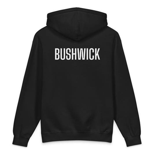 BUSHWICK hoodie, black — back view with white BUSHWICK print