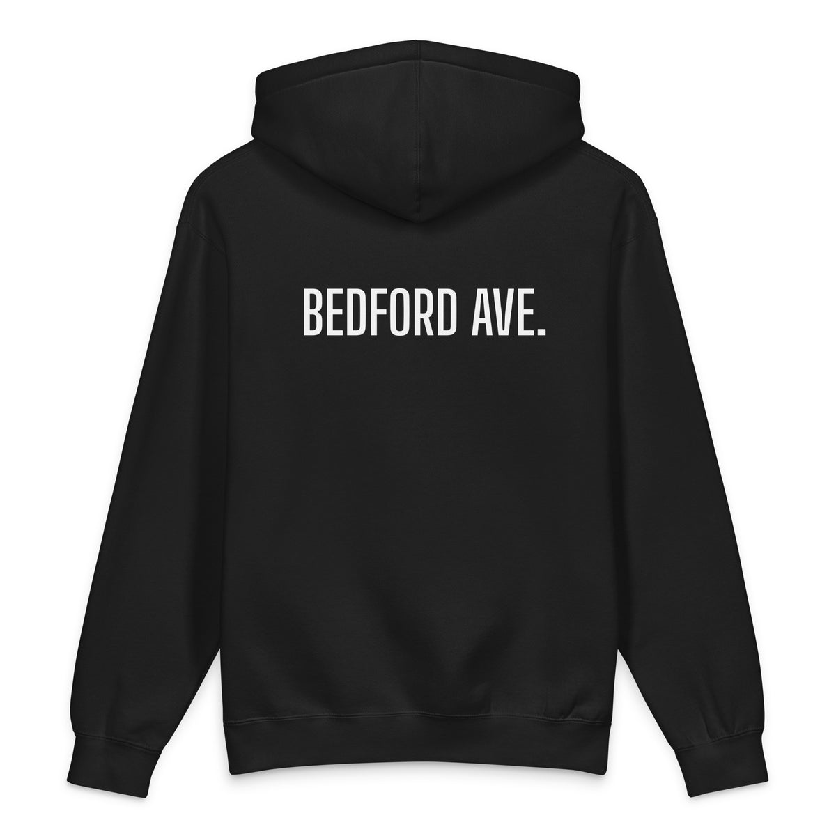 BEDFORD AVE. hoodie, black — back view with white BEDFORD AVE. print