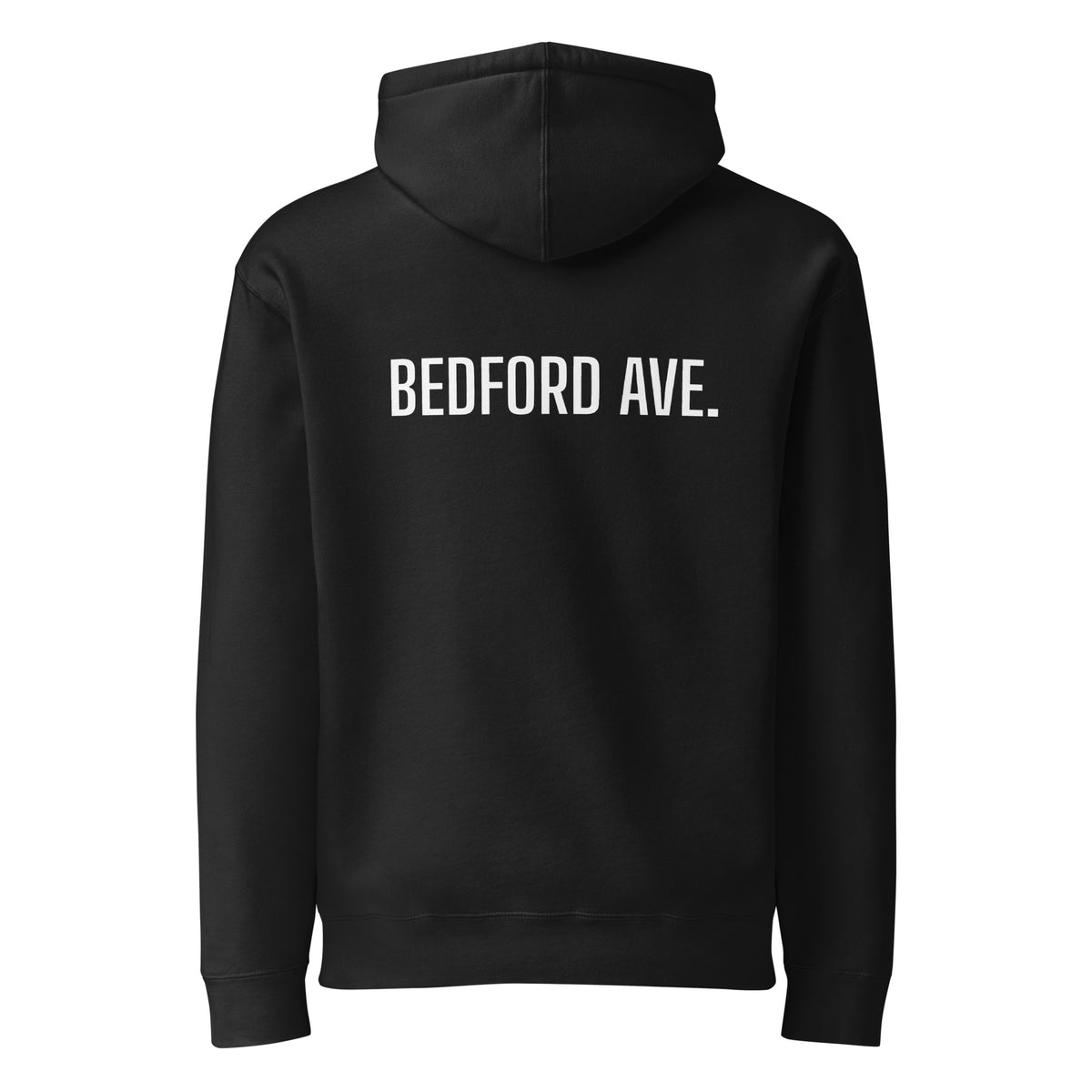 BEDFORD AVE. hoodie, black — back view with white BEDFORD AVE. print