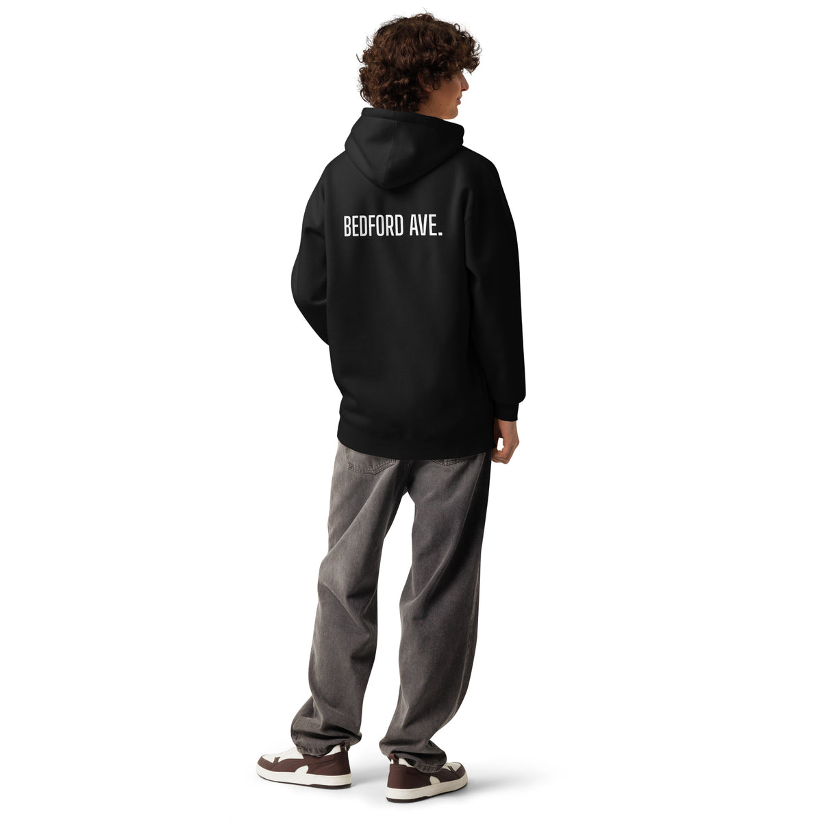 BEDFORD AVE. hoodie, black — back view with white BEDFORD AVE. print
