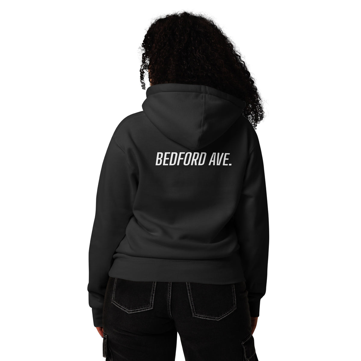 BEDFORD AVE. hoodie, black — back view with white BEDFORD AVE. print