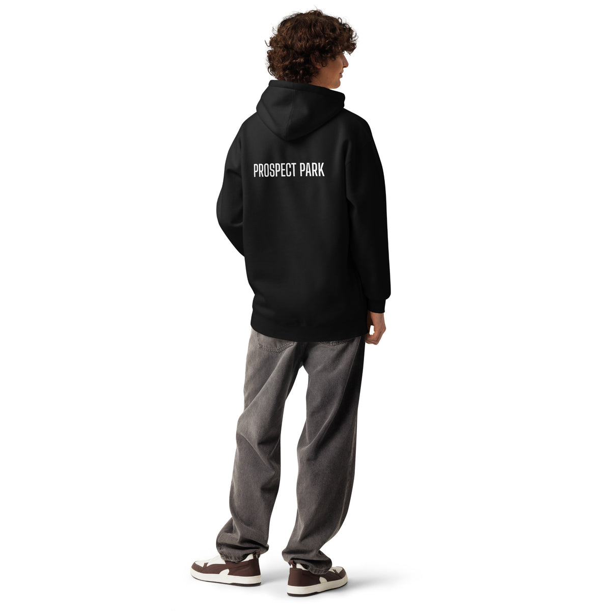PROSPECT PARK hoodie, black — back view with white PROSPECT PARK print