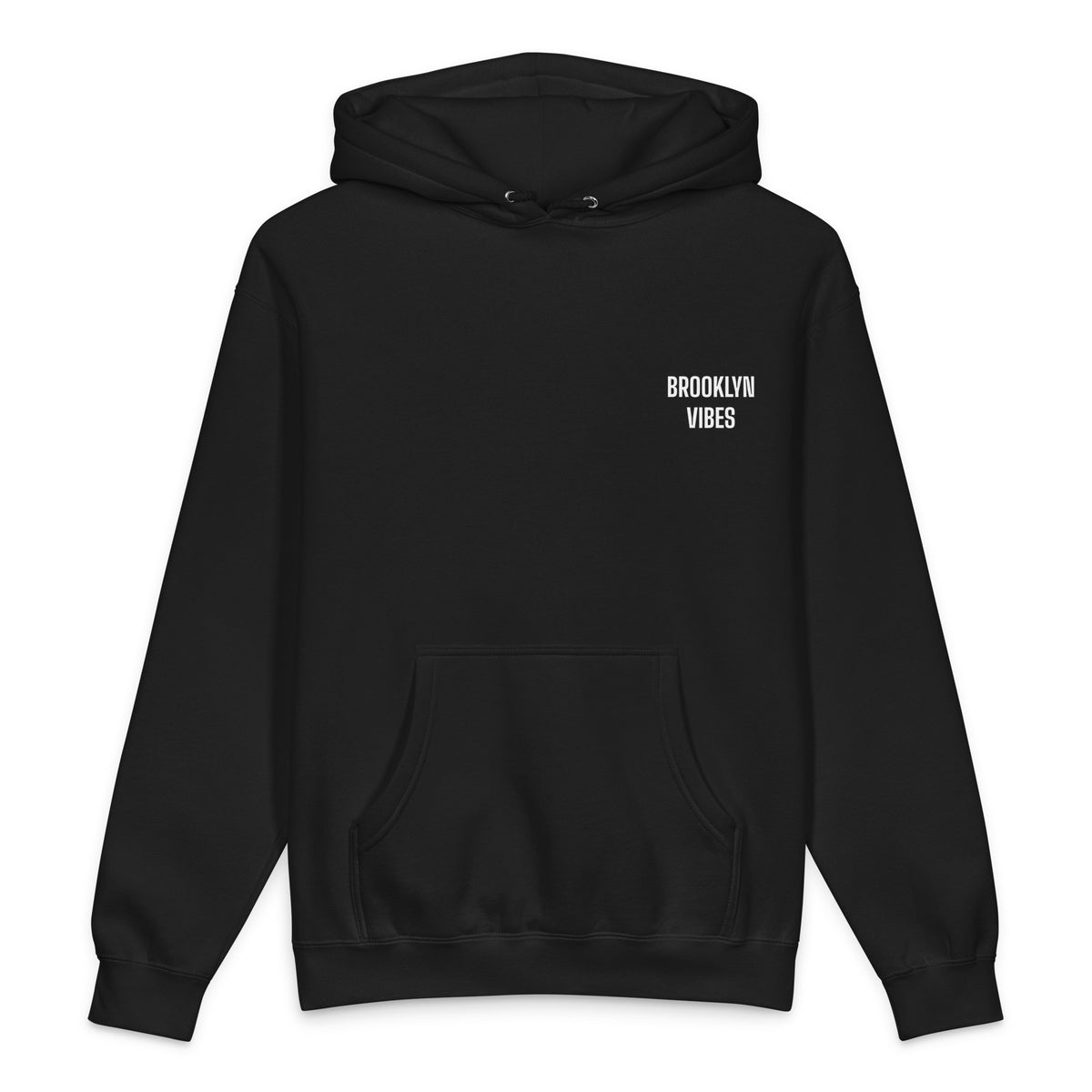 BEDFORD AVE. hoodie, black — front view with small white BROOKLYN VIBES chest mark