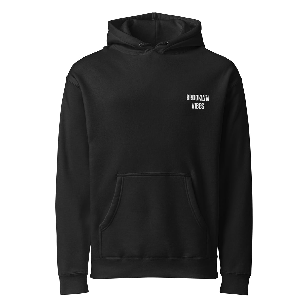 BEDFORD AVE. hoodie, black — front view with small white BROOKLYN VIBES chest mark