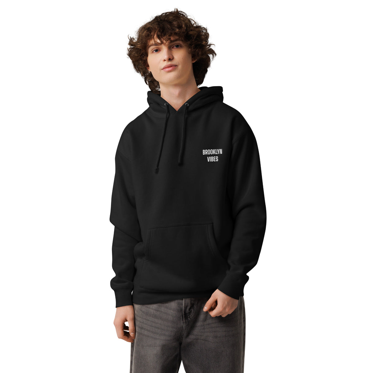 BEDFORD AVE. hoodie, black — front view with small white BROOKLYN VIBES chest mark