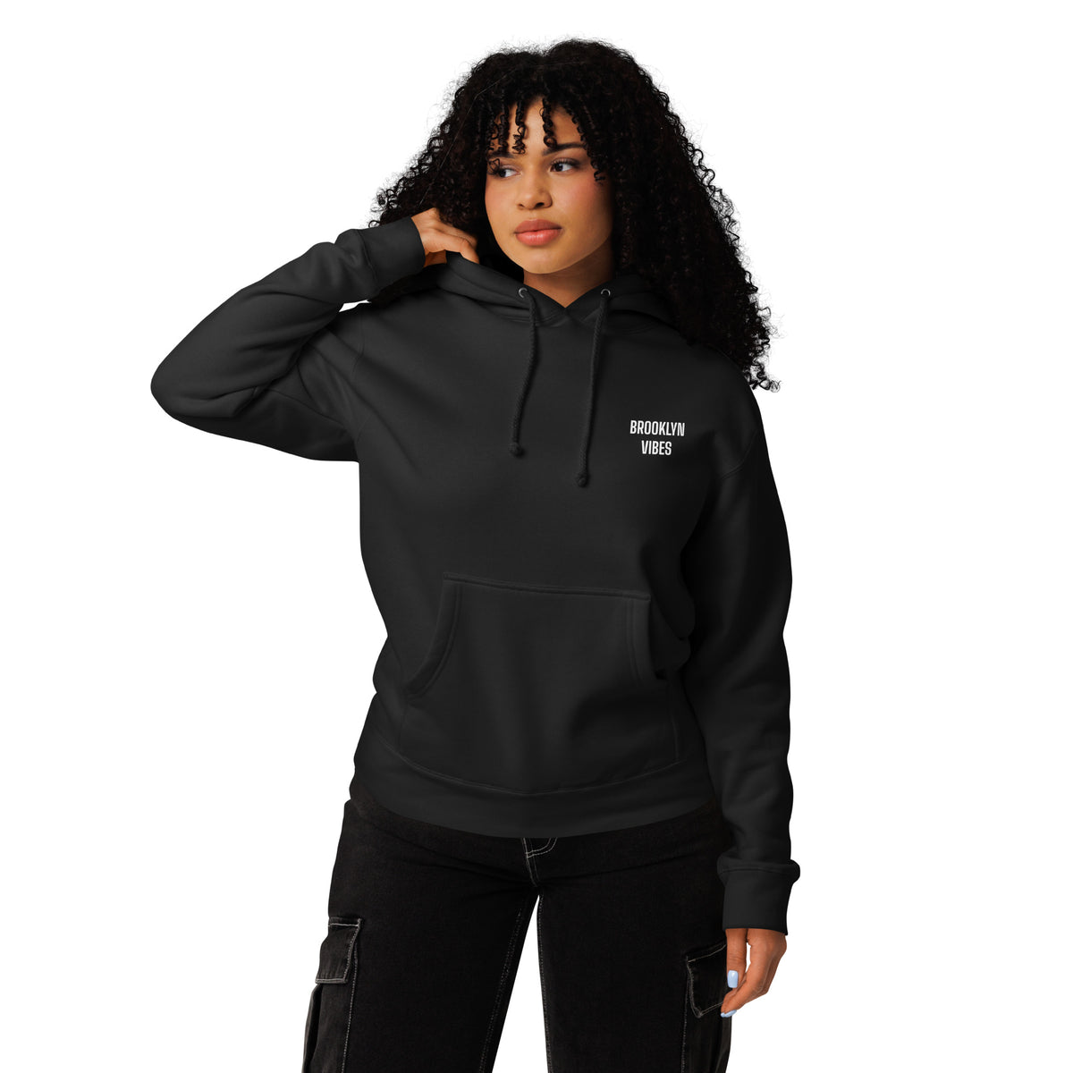 BEDFORD AVE. hoodie, black — front view with small white BROOKLYN VIBES chest mark