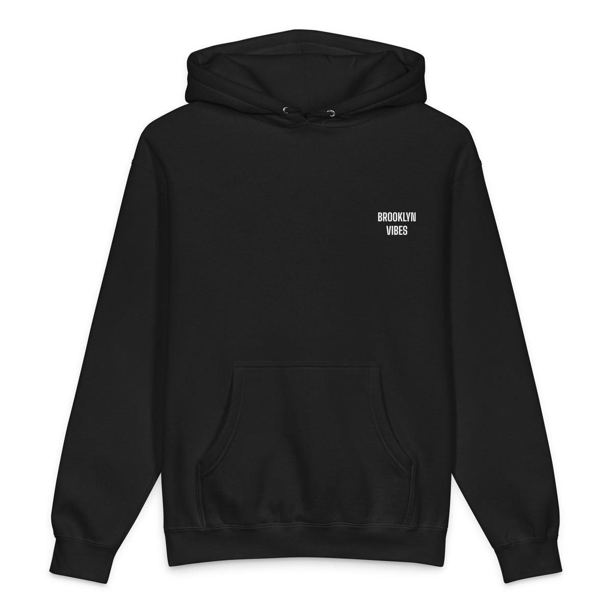 PROSPECT PARK hoodie, black — front view with small white BROOKLYN VIBES chest mark